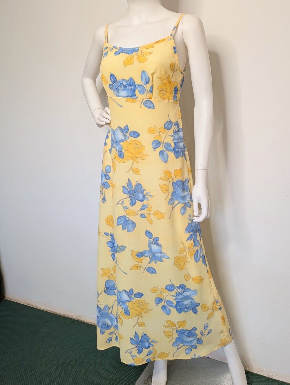 Y2K Yellow & Blue Floral Spaghetti Strap Empire Waist Semi Sheer Maxi Dress - Picture 2 of 13